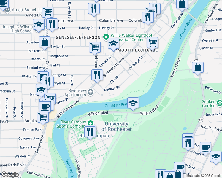 map of restaurants, bars, coffee shops, grocery stores, and more near 128 Cottage Street in Rochester