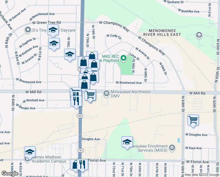 map of restaurants, bars, coffee shops, grocery stores, and more near 7222 West Mill Road in Milwaukee