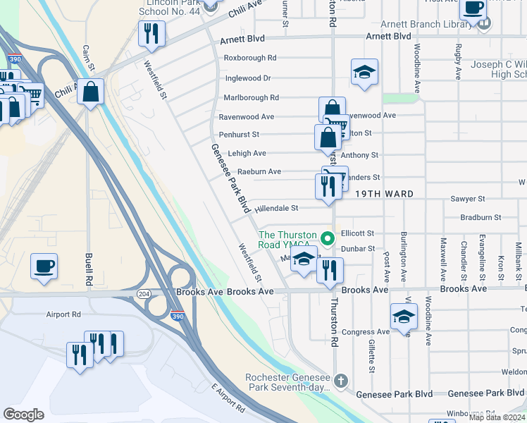 map of restaurants, bars, coffee shops, grocery stores, and more near 147 Hillendale Street in Rochester