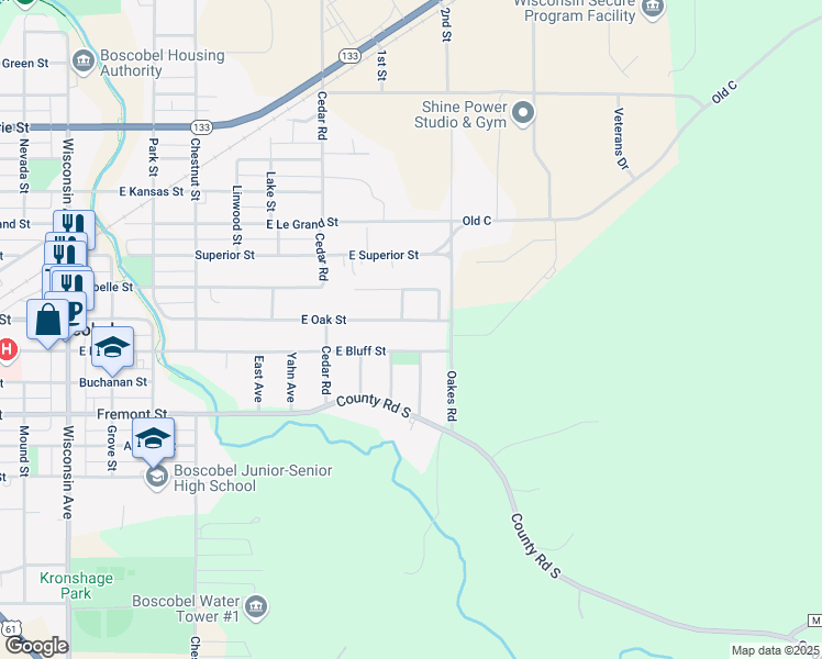 map of restaurants, bars, coffee shops, grocery stores, and more near 901 East Bluff Street in Boscobel