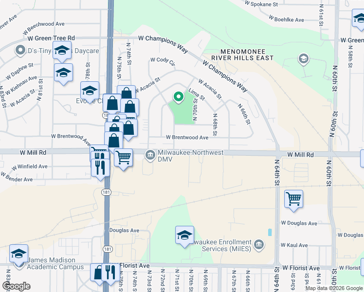 map of restaurants, bars, coffee shops, grocery stores, and more near 7032A West Mill Road in Milwaukee