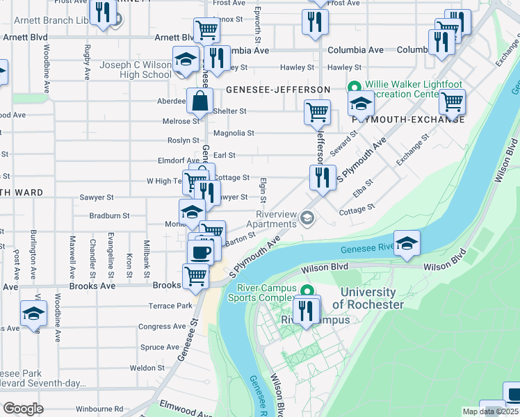 map of restaurants, bars, coffee shops, grocery stores, and more near 748 Seward Street in Rochester