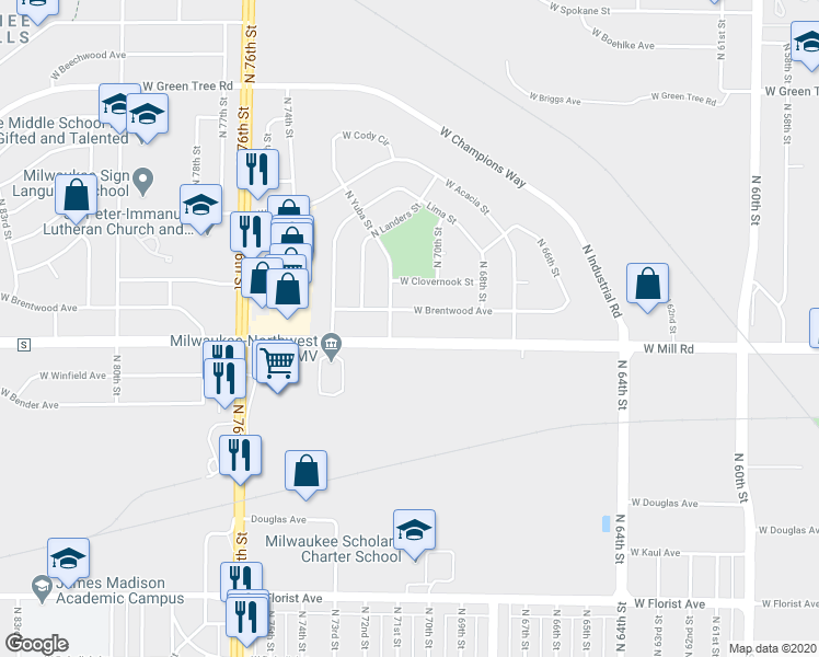 map of restaurants, bars, coffee shops, grocery stores, and more near 7032A West Mill Road in Milwaukee