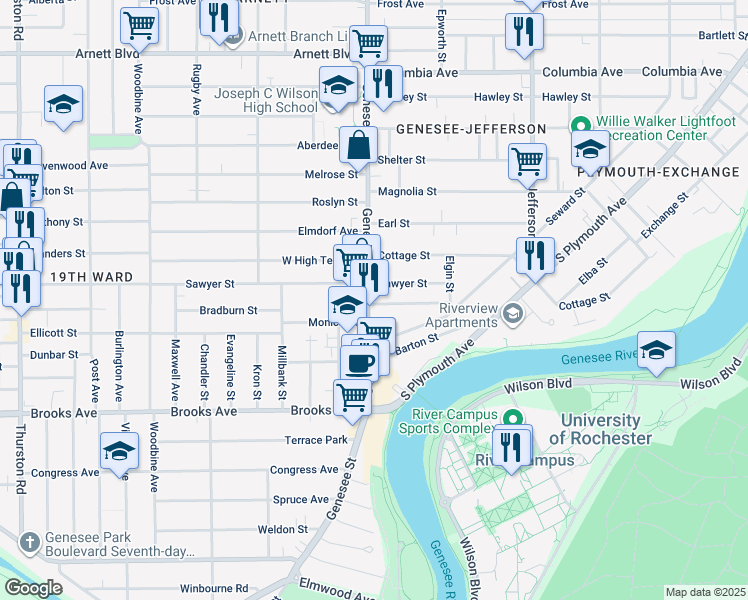 map of restaurants, bars, coffee shops, grocery stores, and more near 790 Genesee Street in Rochester