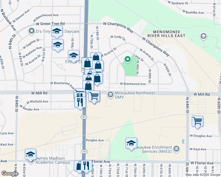 map of restaurants, bars, coffee shops, grocery stores, and more near 6410 North 73rd Street in Milwaukee