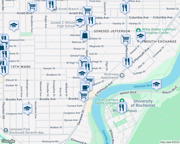 map of restaurants, bars, coffee shops, grocery stores, and more near 18 Stratford Park in Rochester