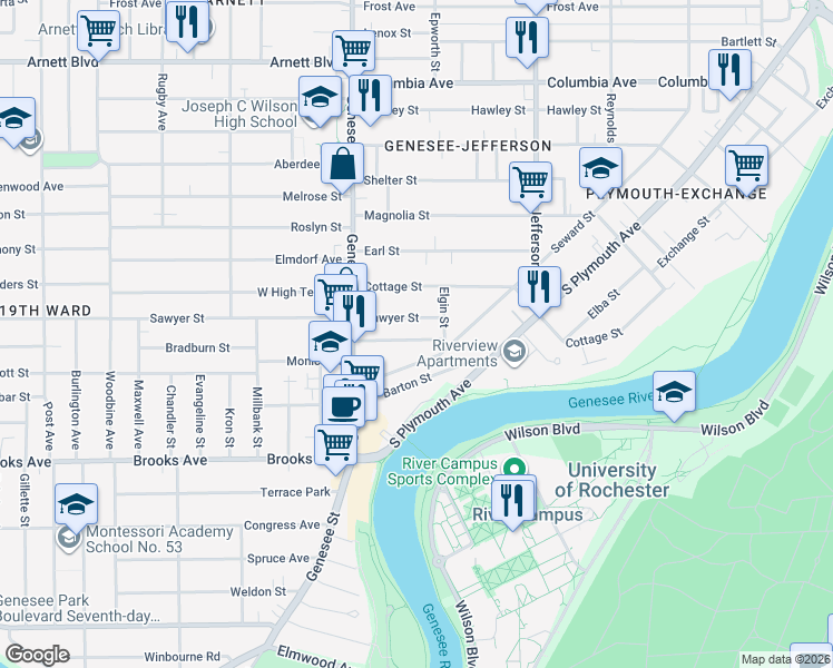 map of restaurants, bars, coffee shops, grocery stores, and more near 805 Seward Street in Rochester