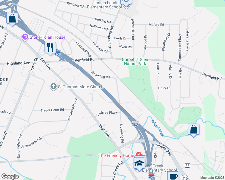 map of restaurants, bars, coffee shops, grocery stores, and more near 174 Oak Lane in Rochester