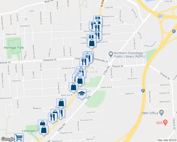 map of restaurants, bars, coffee shops, grocery stores, and more near 201 South Main Street in Syracuse