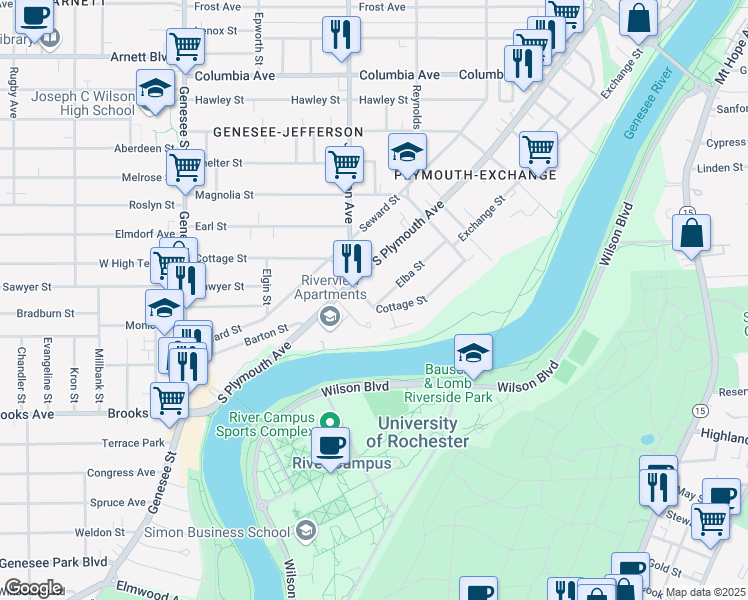 map of restaurants, bars, coffee shops, grocery stores, and more near 182 Cottage Street in Rochester