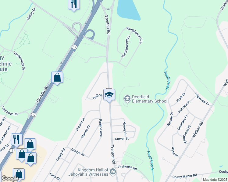 map of restaurants, bars, coffee shops, grocery stores, and more near 5624 Trenton Road in Utica