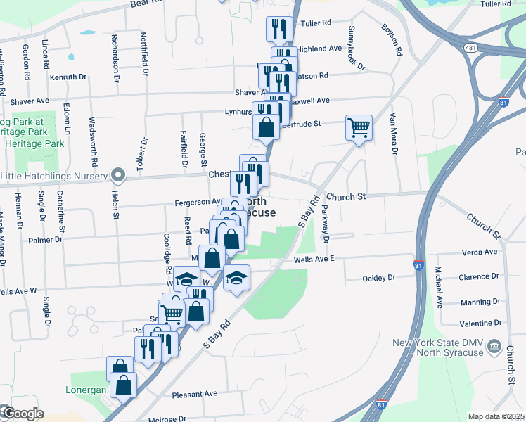 map of restaurants, bars, coffee shops, grocery stores, and more near 205 South Main Street in North Syracuse