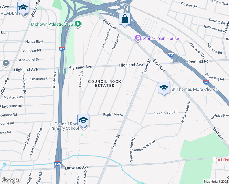 map of restaurants, bars, coffee shops, grocery stores, and more near 303 Council Rock Avenue in Rochester