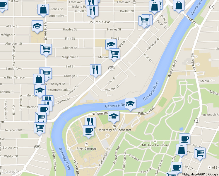 map of restaurants, bars, coffee shops, grocery stores, and more near 16 Serenity Circle in Rochester