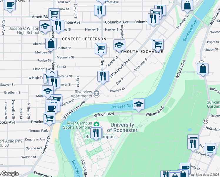 map of restaurants, bars, coffee shops, grocery stores, and more near 175 Cottage Street in Rochester