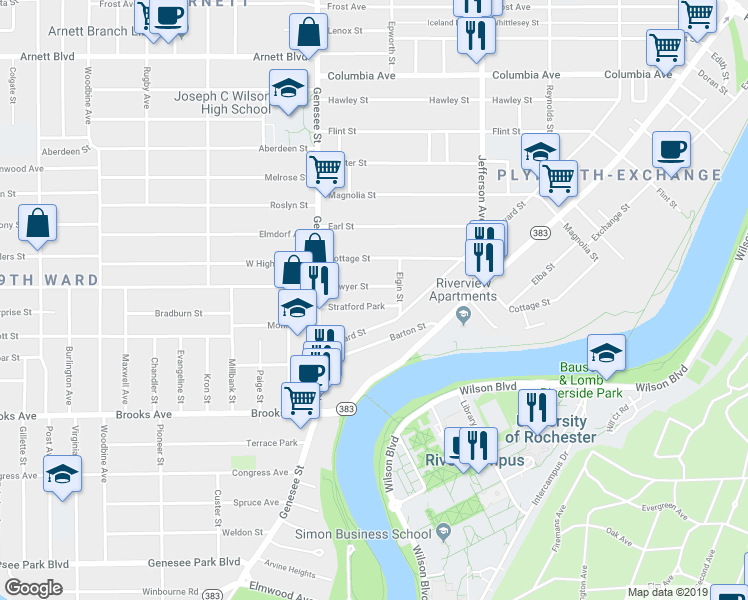 map of restaurants, bars, coffee shops, grocery stores, and more near 805 Seward Street in Rochester