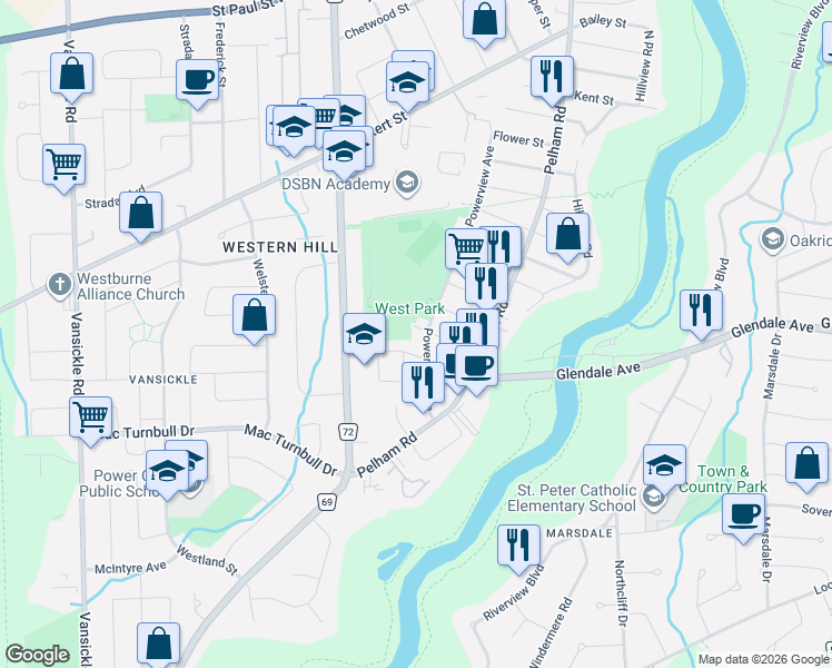 map of restaurants, bars, coffee shops, grocery stores, and more near in St. Catharines