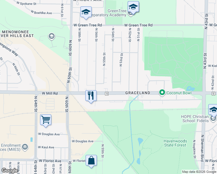 map of restaurants, bars, coffee shops, grocery stores, and more near 5332 West Mill Road in Milwaukee