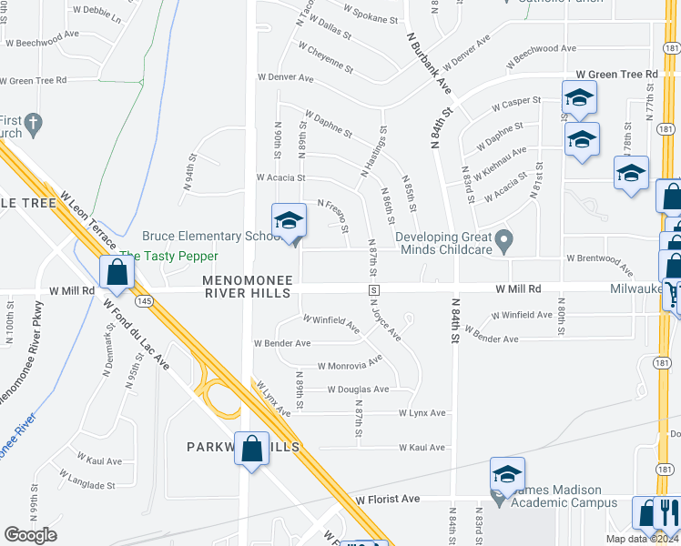 map of restaurants, bars, coffee shops, grocery stores, and more near 8739 West Mill Road in Milwaukee