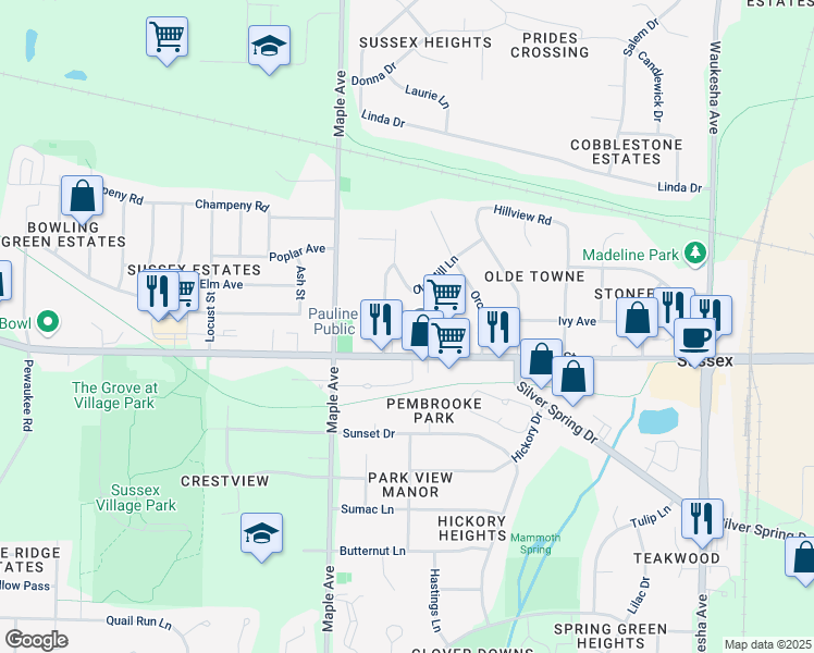 map of restaurants, bars, coffee shops, grocery stores, and more near N64W23850 Main Street in Sussex