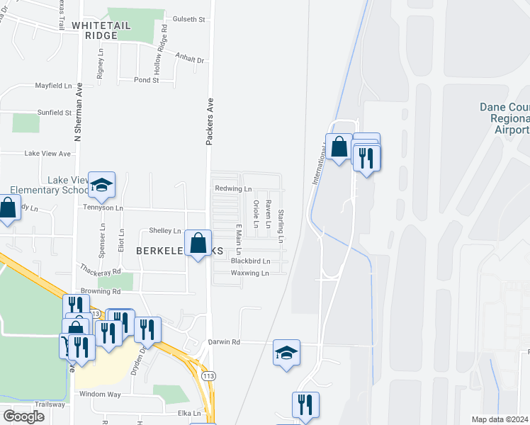 map of restaurants, bars, coffee shops, grocery stores, and more near 353 Raven Lane in Madison