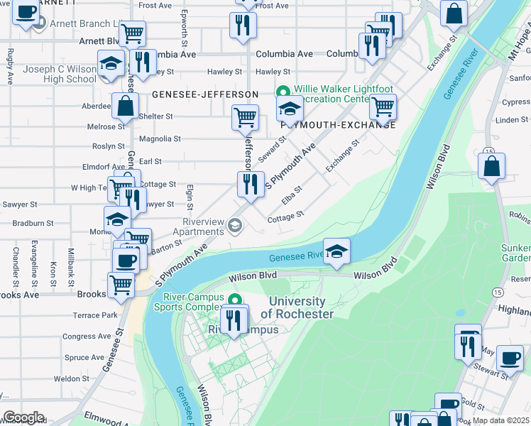 map of restaurants, bars, coffee shops, grocery stores, and more near 186 Cottage Street in Rochester