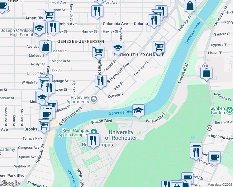 map of restaurants, bars, coffee shops, grocery stores, and more near 16 Serenity Circle in Rochester