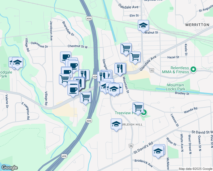 map of restaurants, bars, coffee shops, grocery stores, and more near 290 Glendale Avenue in St. Catharines