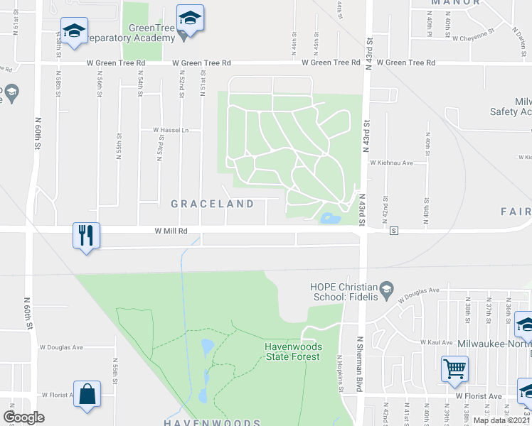 map of restaurants, bars, coffee shops, grocery stores, and more near N 47th St in Milwaukee