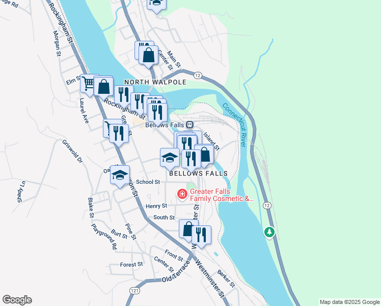 map of restaurants, bars, coffee shops, grocery stores, and more near 7 Canal St in Rockingham