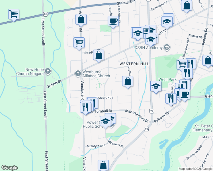 map of restaurants, bars, coffee shops, grocery stores, and more near 114 Westland Street in St. Catharines