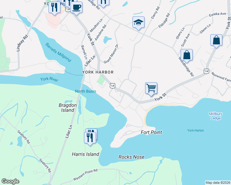 map of restaurants, bars, coffee shops, grocery stores, and more near 9 Varrell Lane in York