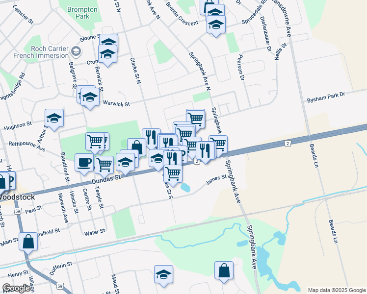 map of restaurants, bars, coffee shops, grocery stores, and more near 943 Dundas Street in Woodstock