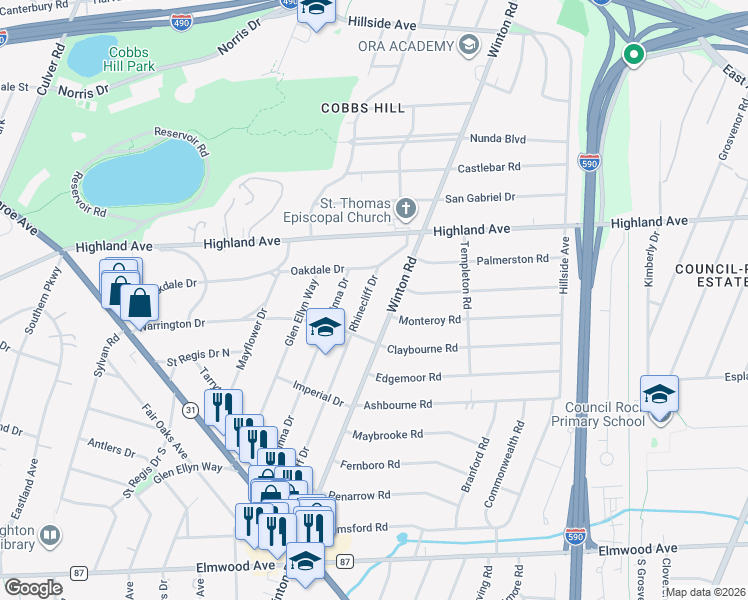 map of restaurants, bars, coffee shops, grocery stores, and more near 603 South Winton Road in Rochester