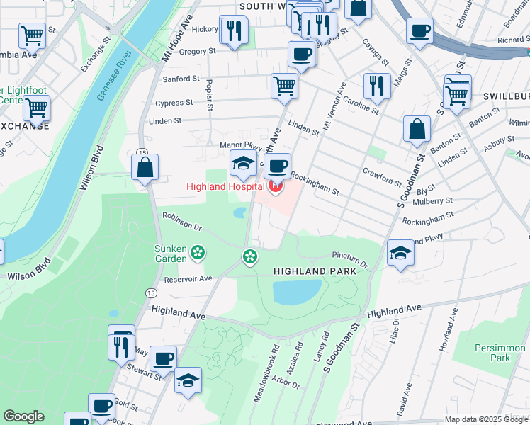 map of restaurants, bars, coffee shops, grocery stores, and more near 75 Bellevue Drive in Rochester