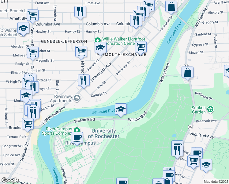 map of restaurants, bars, coffee shops, grocery stores, and more near 75 Cottage Street in Rochester