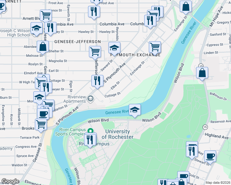 map of restaurants, bars, coffee shops, grocery stores, and more near 16 Serenity Circle in Rochester