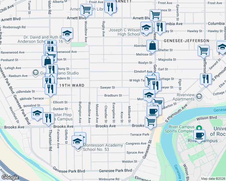 map of restaurants, bars, coffee shops, grocery stores, and more near 59 Bradburn Street in Rochester
