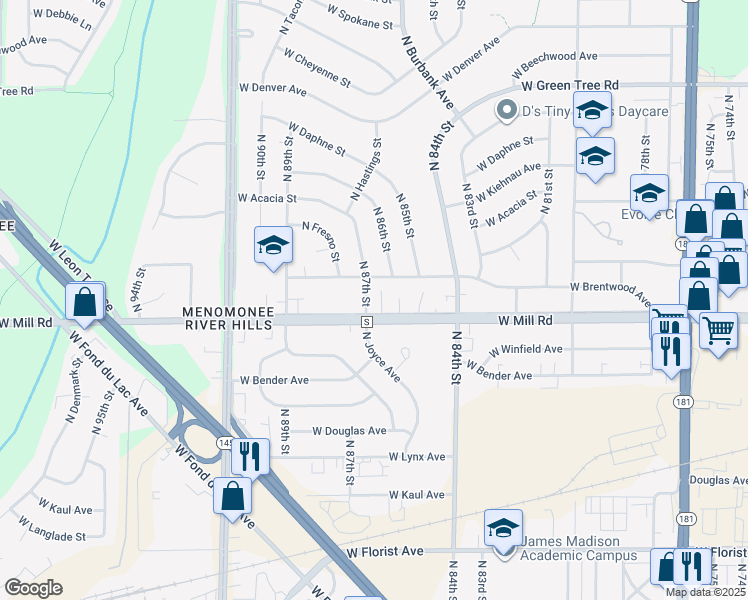 map of restaurants, bars, coffee shops, grocery stores, and more near 8545 West Mill Road in Milwaukee