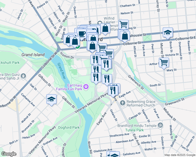 map of restaurants, bars, coffee shops, grocery stores, and more near 60 Market Street South in Brantford