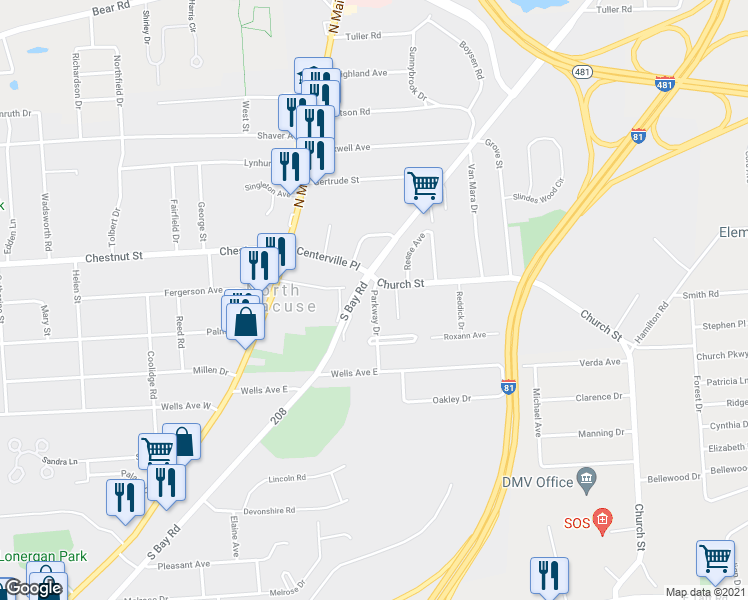 map of restaurants, bars, coffee shops, grocery stores, and more near 142 Church Street in Syracuse