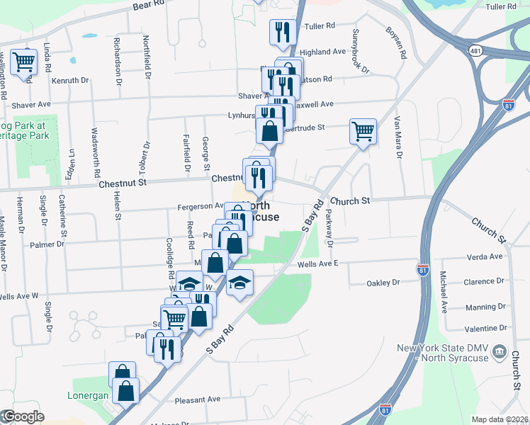 map of restaurants, bars, coffee shops, grocery stores, and more near 117 South Main Street in Syracuse