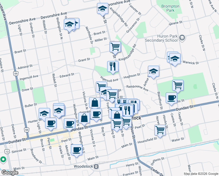 map of restaurants, bars, coffee shops, grocery stores, and more near 635 Canterbury Street in Woodstock