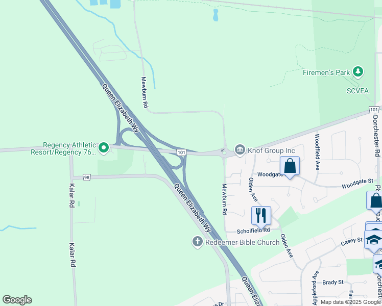 map of restaurants, bars, coffee shops, grocery stores, and more near Mountain Road in Niagara Falls