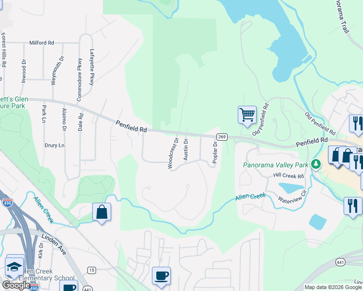 map of restaurants, bars, coffee shops, grocery stores, and more near 31 Austin Drive in Rochester