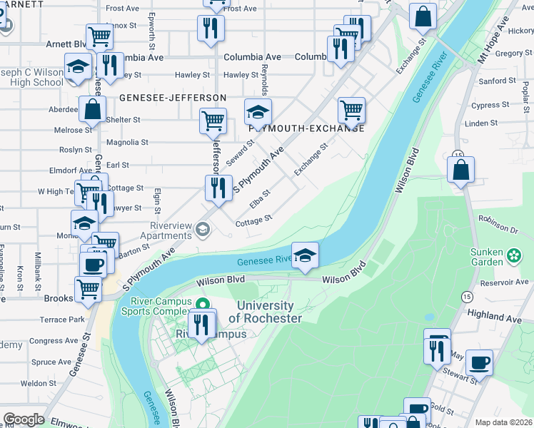 map of restaurants, bars, coffee shops, grocery stores, and more near 90 Cottage Street in Rochester