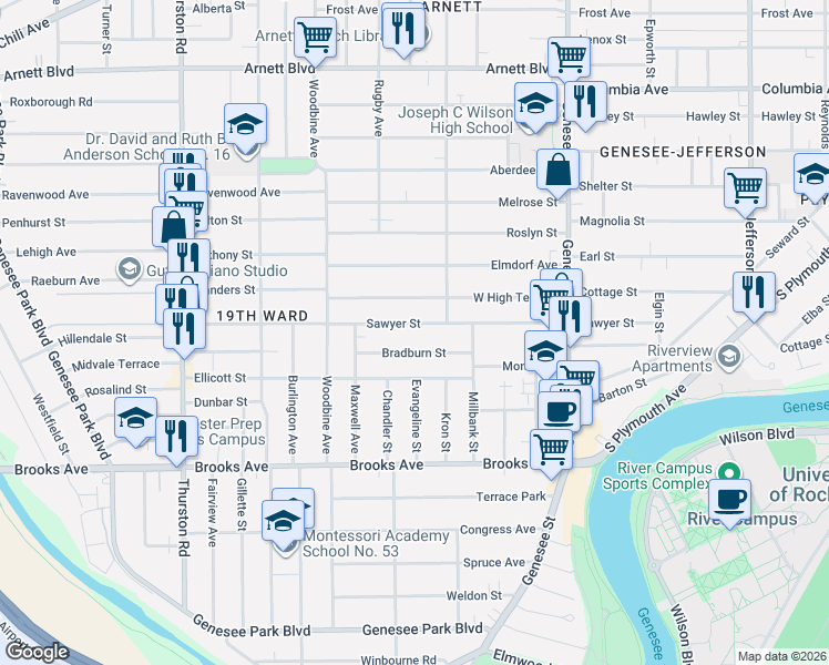 map of restaurants, bars, coffee shops, grocery stores, and more near 191 West High Terrace in Rochester