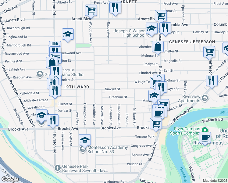 map of restaurants, bars, coffee shops, grocery stores, and more near 245 West High Terrace in Rochester