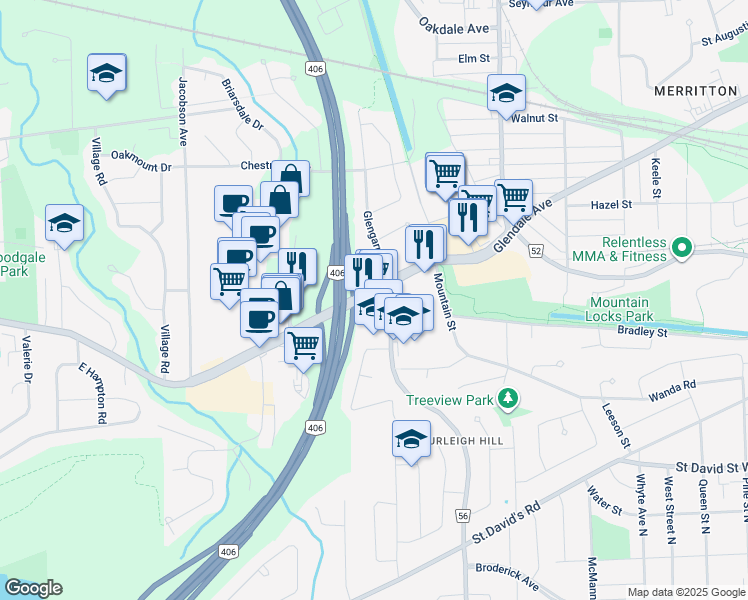 map of restaurants, bars, coffee shops, grocery stores, and more near 290 Glendale Avenue in St. Catharines