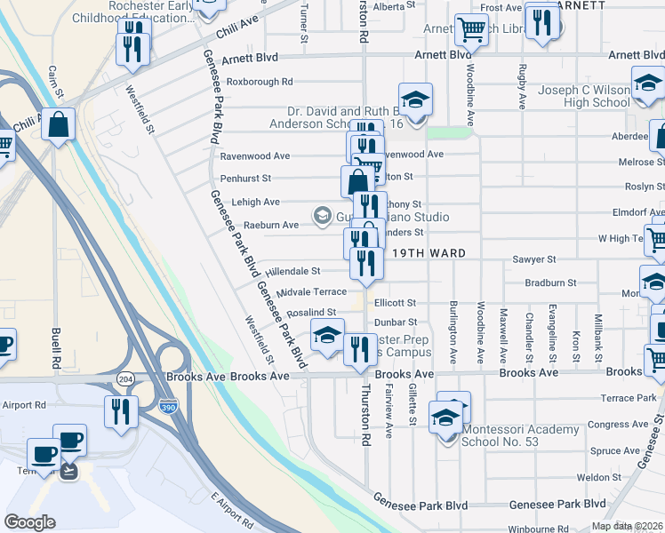 map of restaurants, bars, coffee shops, grocery stores, and more near 481-493 Thurston Road in Rochester